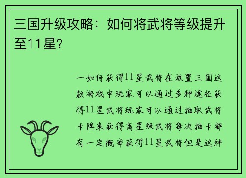 三国升级攻略：如何将武将等级提升至11星？